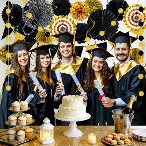 24 Pcs Black and Gold Party Decorations, Paper Fans Pom Poms Garland Decor