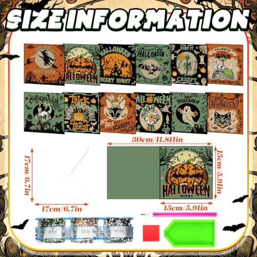 Saillong 12 Pack Halloween Diamond Painting Greeting Card Kits DIY Halloween Diamond Art Cards with Envelopes Green Black Cat Skull 5D Rhinestones Painting Kit for Adults DIY Craft Family Friend Gifts