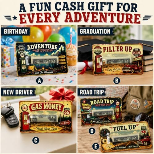 Gas Money Gift Card Holder, Cash Holder Card for Rolled Cash, Funny Road Trip Money Gift, Vintage Adventure Cash Gift for Drivers, Teens, New Driver, Graduation, Birthday, Travel Gift