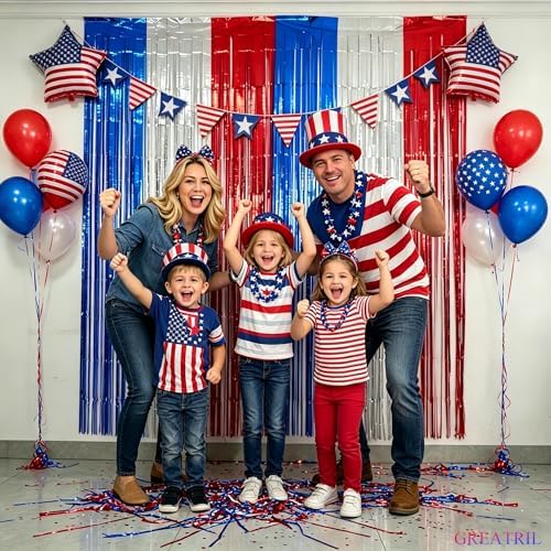 Blue Silver Red Party Streamers 4th of July Decorations 3.2ft x 8.2ft 2 PCS