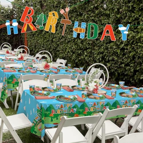 Happy Camper Birthday & Camping Party Decorations Set - Serves 25 with Disposable Plates, Cups, Napkins, Tablecloth & Banner, 1st Birthday, Camping Themed Events & Wedding Parties