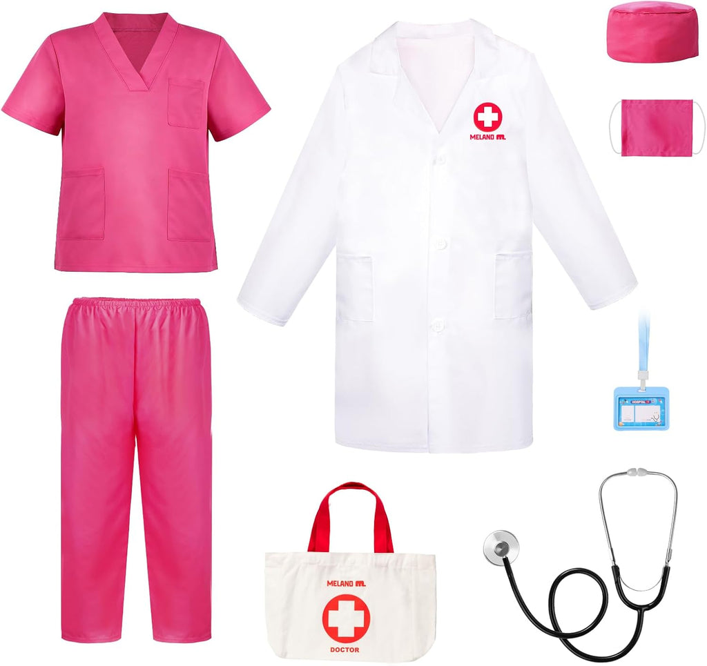 Meland Doctor Costume for Kids 3-10, Pretend Play Career Dress Up with Bag