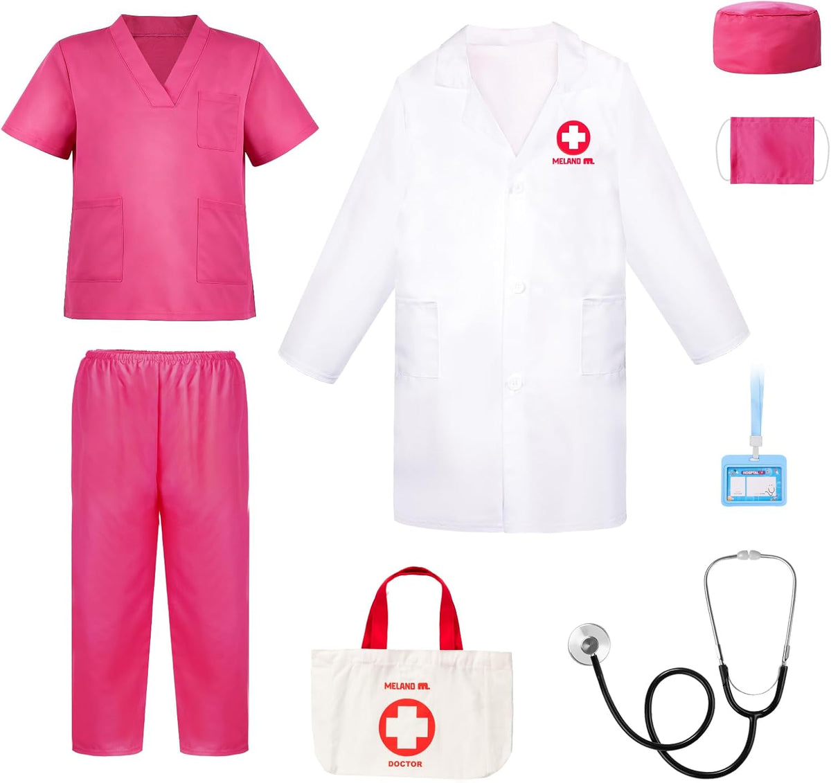 Meland Doctor Costume for Kids 3-10, Pretend Play Career Dress Up with Bag