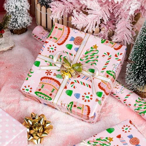 MAYPLUSS Christmas Wrapping Paper Roll - 17 In x 33 Feet - Cute Pink Christmas Candy Cane Cake Reversible Polka Dot Gift Wrap Paper for New Year, Holiday, Kids