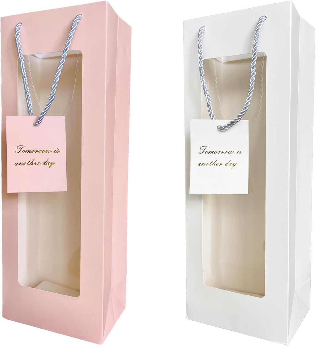 HANSWARE 4PCS Wine Gift Bags with Handles for Bottles Gifts Clear Window Paper Wine Bag for Valentines,Wedding,Easter,Christmas,Baby Shower,Birthday Party