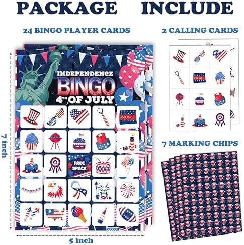 24 Players Independence Day Bingo Game Cards - 4th of July Patriotic Party Activities for Family & Adults, 5x7 Premium Cardstock, American Flag BBQ Decorations, Memorial Day Games with Caller Chips