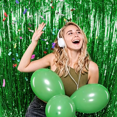 2 Pack Foil Curtain Backdrop Green Metallic Tinsel Foil Fringe Curtains Photo Booth Props for Birthday Wedding Engagement Baby Shower Bachelorette Christmas Holiday Celebration Party Decorations