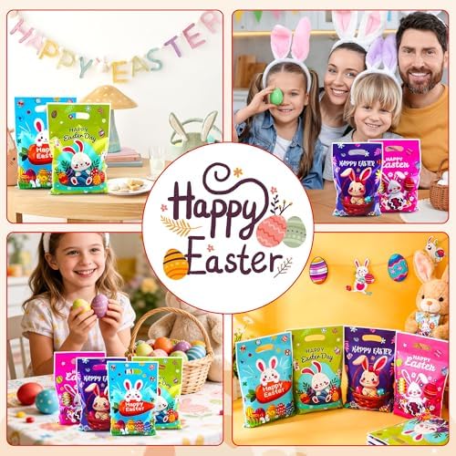50 Pcs Easter Gift Bags, Easter Treat Bags, Easter Goodie Bags with Handles, Plastic Eggs Bunny Candy Tote Goody Cookie Party Favor Bag Bulk for Happy Easter Egg Hunt Birthday Party Favors Supplies