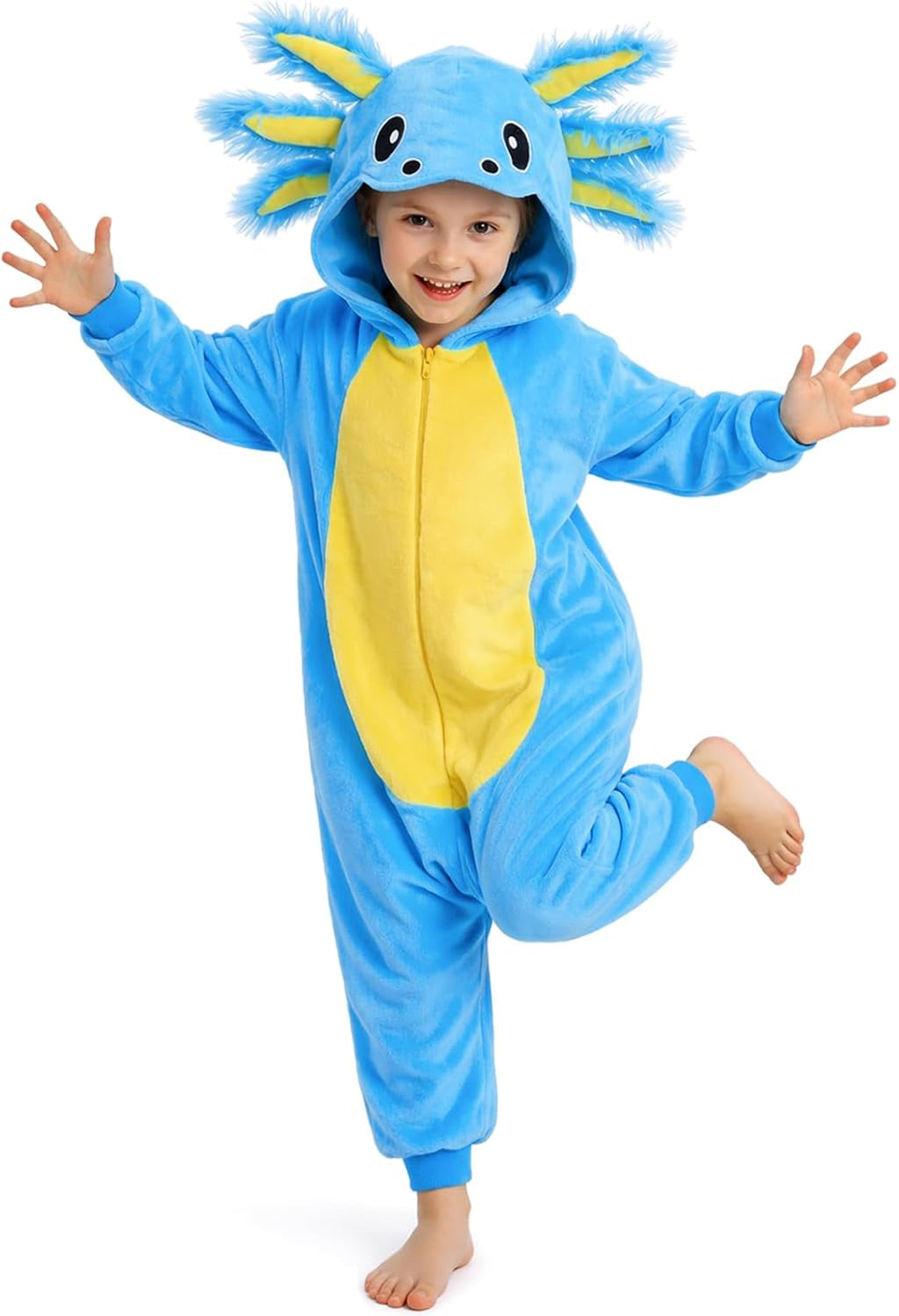 Kids Axolotl Costume for Girls & Boys - 3D Hooded Salamander Jumpsuit Costume for Halloween Party