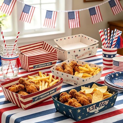 48 Pcs Vintage Patriotic Snack Trays, Disposable American Heritage Serving Boats, Red White and Blue Food Trays for July 4th, BBQs & Patriotic Celebrations – 3 Unique Designs