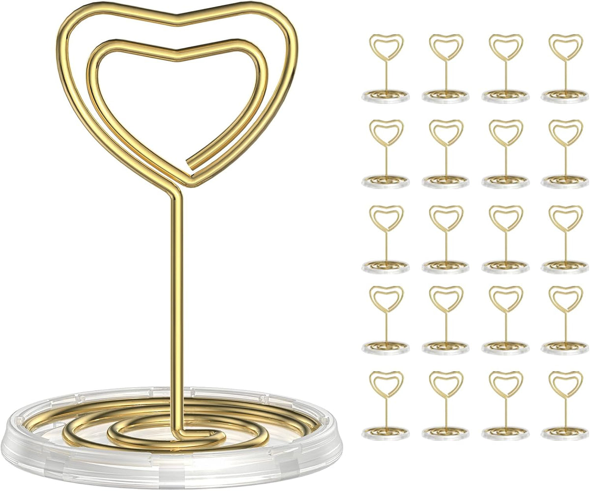 20 Pack Gold Table Number Holders with Stable Base, Heart Shaped