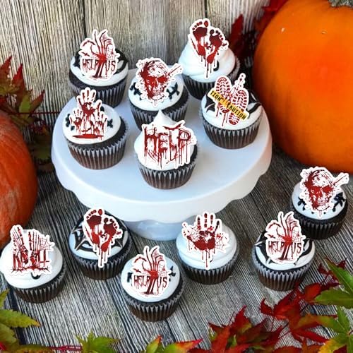 64 PCS Edible Halloween Cupcake Toppers Wafer Paper Horror Blood Skull Zombie Hand Bat Cupcake Picks Edible Have a Killer Birthday Cake Decorations for Halloween Theme Killer Birthday Party Supplies