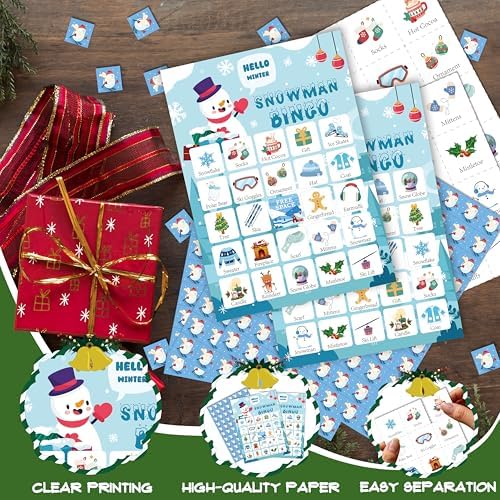 24-Person Christmas Bingo Cards, Winter Snowman Xmas Party Card Game, Christmas Bingo Game for Family Large Group Activities, Christmas Winter Holiday Party Supplies