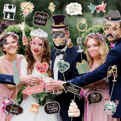 36 Pcs Wedding Photo Booth Props for Wedding Party Decoration Supplies, Weddings Theme Selfie Props Photography Backdrop Decorations for Weddings Party Favors