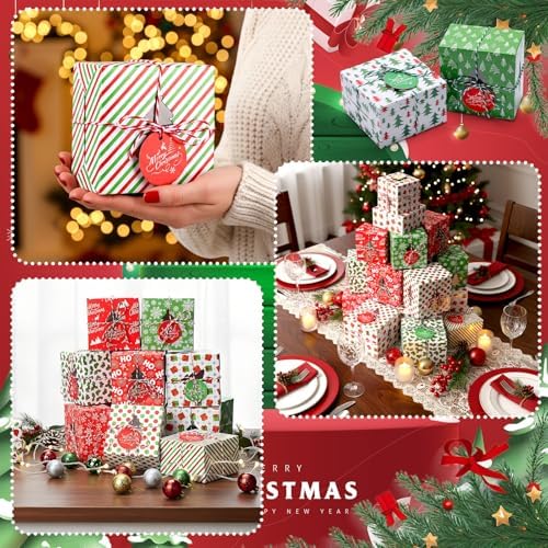 Glenmal 200 Set Christmas Bakery Cookie Boxes Cupcake Containers with Christmas Tree Window Xmas Day Cupcake Candy Goody Treat Gift Boxes with Cotton Rope Label for Xmas Party Favors Supplies