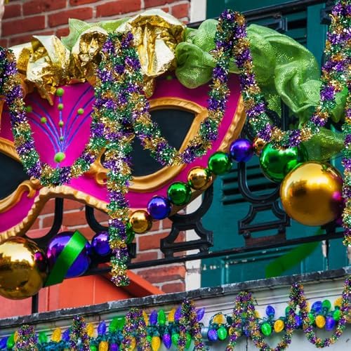 Mardi Gras Garland Decorations,50Ft Glitter Tinsel Garland Decor for Tree Mantle Bedroom Office Classroom Party Indoor Outdoor Holiday Home Green Gold Purple