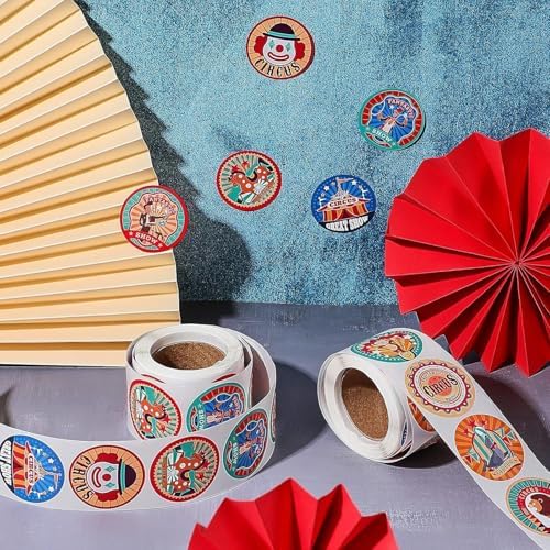 500PCS Circus Stickers Roll 1 Inch Carnival Themed Stickers Round Circus Animal Decals for Kids Birthday Party Favors Scrapbooking Crafts Reward Labels Teens Adults Classroom Teacher Supplies Decor