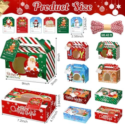 Cinnvoice 24 Pcs Christmas Cookie Boxes with Window Tags Strings,Joy