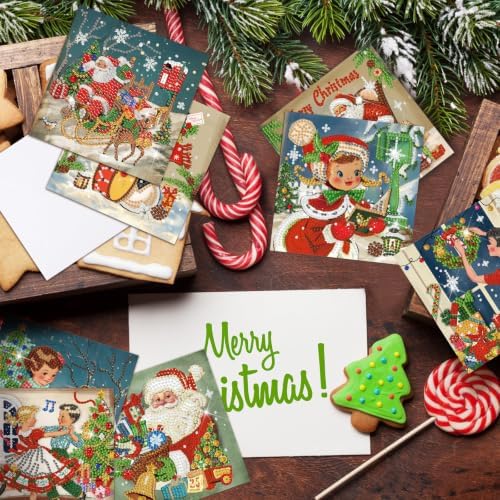 Saillong 12 Pack Vintage Christmas Diamond Painting Greeting Card Kits DIY Retro Christmas Diamond Art Cards with Envelope Xmas 5D Rhinestones Painting Kit for Adults DIY Craft Family Friend Xmas Gift