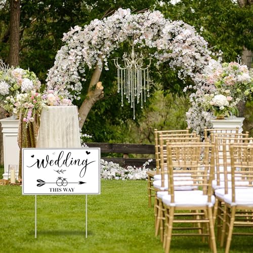 Lesnala 3 Pcs Double Sided Wedding This Way Sign with Stakes 14.2 x 8.5inch
