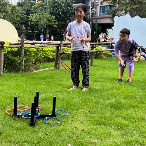 Ring Toss Game Indoor & Outdoor Game for Family and Adults with 5 Poles, 2 Bases and 16 Rings in 4 Colors, Soft Foam Toy Backyard Ring Toss Fun