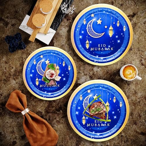 50Pcs Ramadan Eid Mubarak Party Supplies Bluk Ramadan Eid Mubarak Plates Set 9"Ramadan Dinner Plates 7"Blue and Gold Eid Mubarak Plates for Eid Al Adha Islamic Ramadan Birthday Decor Serves 25