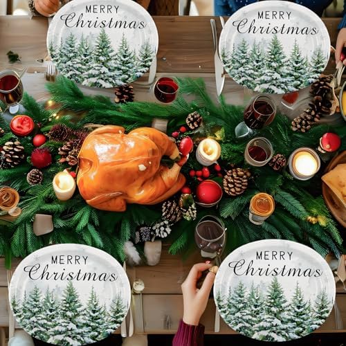 Christmas Green Tree Oval Plates 10x12 Inch, Disposable Party Plates