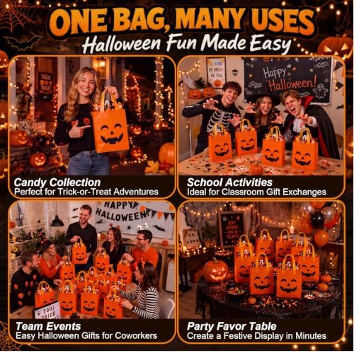 Pajean 25 Pcs Halloween Plastic Gift Bags with Handles, Pumpkin Pouches