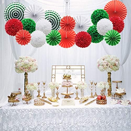 Red White and Green Hanging Paper Decor - Round Paper Fans, Pom Poms, Flowers - Perfect for Christmas, Birthdays, Weddings, Graduations, Baby Showers
