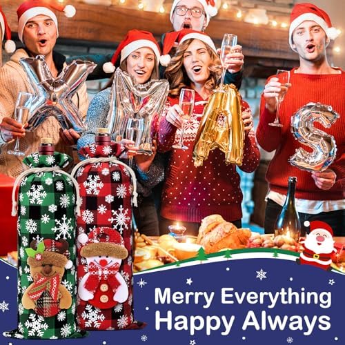 8Pcs Christmas Wine Gift Bags, Buffalo Plaid Drawstring Wine Bottle Covers