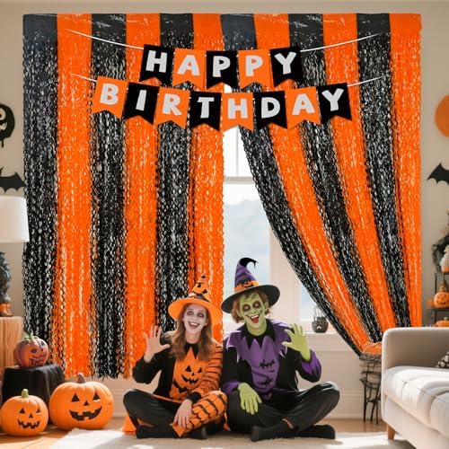 3 Pack Halloween Backdrop, Halloween Photo Backdrop Party Supplies with Happy Birthday Banner, Orange Black Foil Fringe Curtains Set for Birthday Halloween Party Decoration