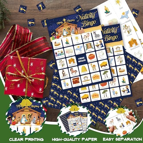 24-Person Christmas Bible Bingo Cards Set - Large Group Religious Party Games for Adults - Nativity Scene Sunday Church Activity Supplies - Christian Faith-Based Holiday Bingo Game