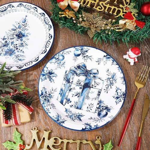 Whaline 40 Pcs Christmas Paper Plates 4 Designs Chinoiserie Blue and White Porcelain Xmas Tree Santa Claus Disposable Plates Tableware for Winter Party Tableware Supplies, 9 In