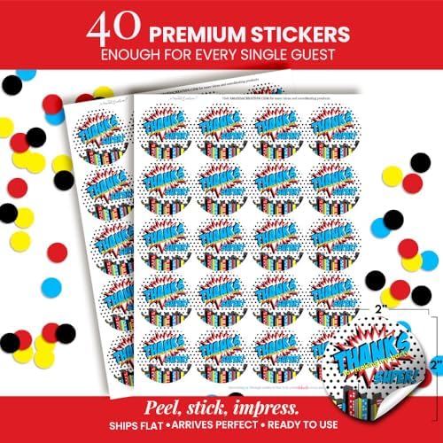Superhero Thank You Stickers, 40 Pack 2 Inch Birthday Thank You Labels, Super Hero Stickers for Boys Party Favors, Goodie Bags and Envelope Seals by Amanda Creation