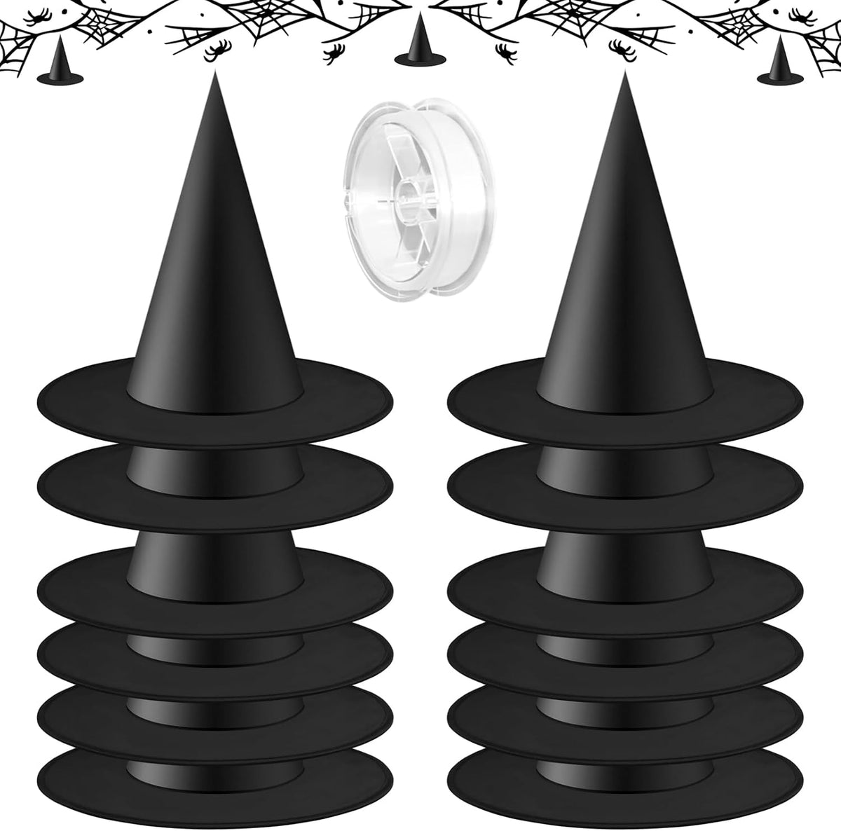 Riare 12pcs Halloween Black Witch Hats- Floating Hanging Witches Hats with 98 Feet Hanging Rope, Costume Witch Accessory for Halloween Yard Party Decoration