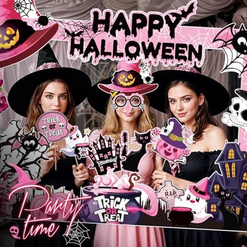 Halloween Photo Booth Props 30 PCS Set, Pink Photoshoot Decorations, Party Favors Supplies Halloween Games Kit with Sticks & Adhesive Dots