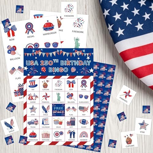 USA 250th Birthday Bingo Cards, 4th of July Patriotic Bingo Game for Adults Party, Independence Day Bingo Cards, Memorial Day Summer Activity, 24 Players Patriotic Party Supplies Favors, 023