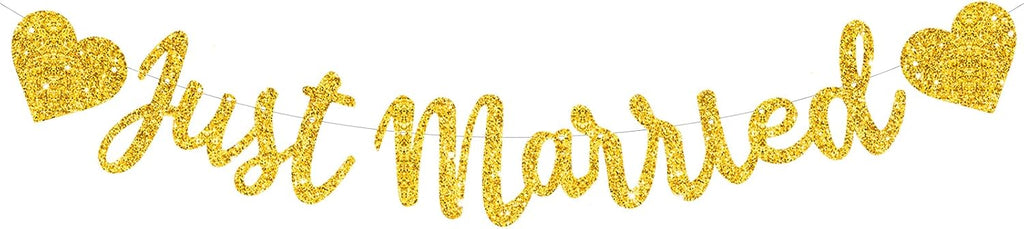 BEISHIDA Gold Just Married Banner - NO DIY, Glitter Wedding Party Banner,Just Married Signs, Bachelorette/Bridal Garland,Engagement Party Decor Supplies, Wedding Reception Party Decorations.