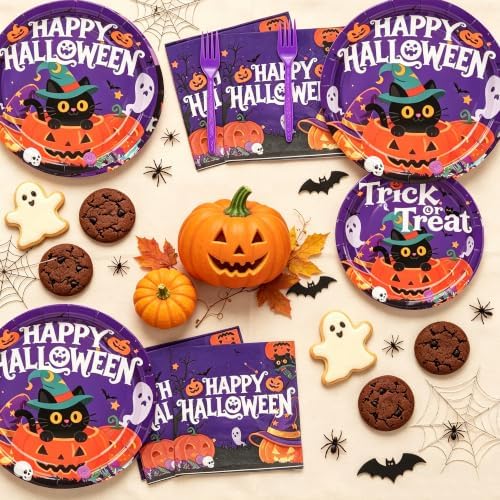 100 Pcs Purper Halloween Plates and Napkins Set Party Supplies Serve 25
