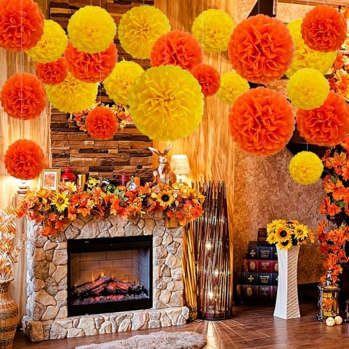 Recosis Yellow Orange Party Decorations, 18 Pcs Paper Pompoms Decorations