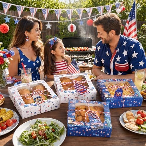 FCKLVMC 12 Pcs 7 X 7 In 4th Of July Treat Boxes with Window, Fourth Of July Gift Goodie Boxs with Card for Veterans Day Memorial Usa National Patriotic Day Party