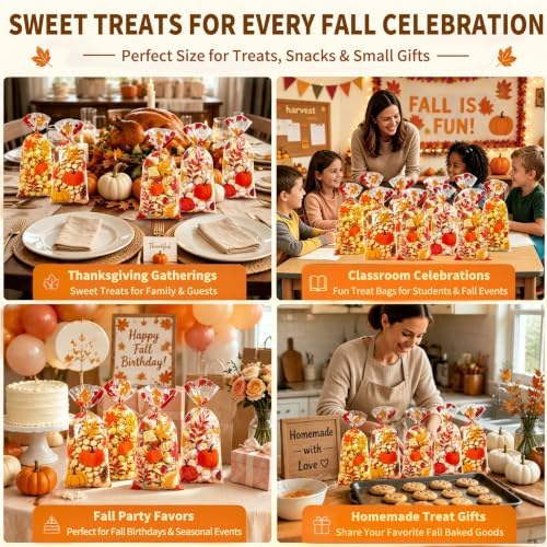 100Pcs Fall Cellophane Treat Bags, Thanksgiving Goodie Bags with Twist Ties