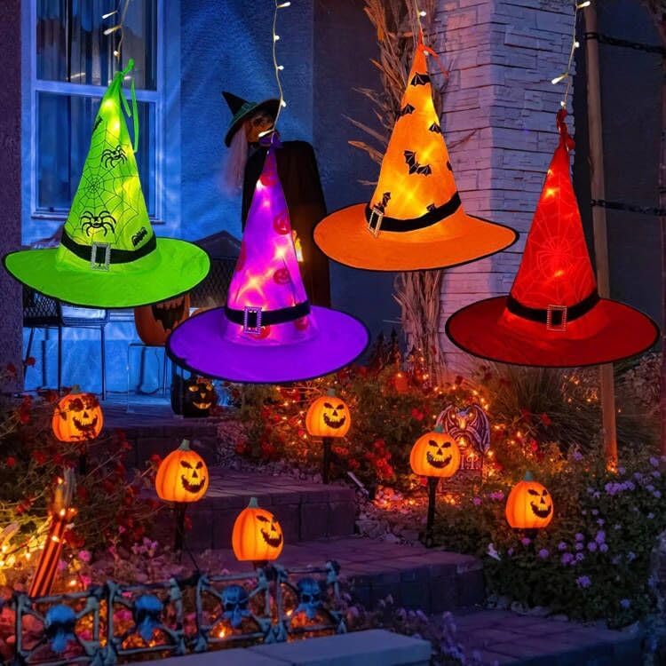 Halloween Witch Hat Lights Decoration Outdoor, 8pcs Hanging Witch Hat Light