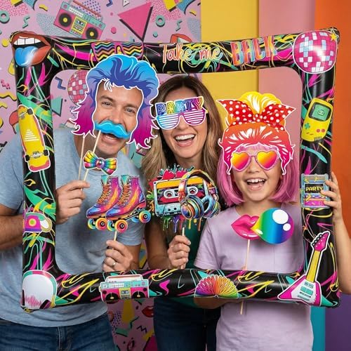 80s Inflatable Photo Frame & Props, 30Pcs Back to The 80s Photo Booth Props with Inflatable Selfie Picture Frame for 1980s Throwback Birthday Party Supplies