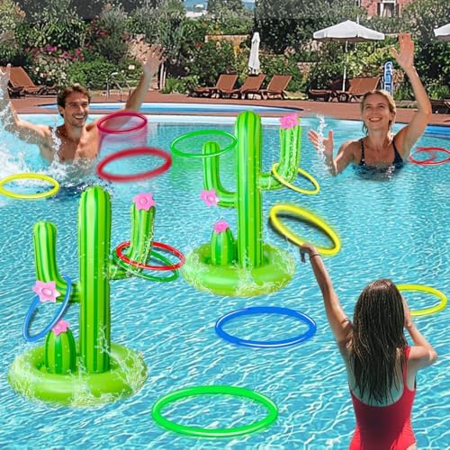 TURNMEON 2 Pack Inflatable Luau Cactus Pool Ring Toss Game Set - 8 Plastic Rings & Wider Base, Adults Summer Hawaiian Beach & Outdoor Party Supplies