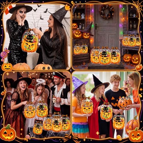 Fuutreo 25 Pcs Halloween Treat Bags with Handles, Black Cat Plastic
