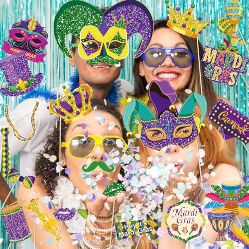30Pcs Mardi Gras Photo Booth Props - Mardi Gras Party Favors & Decorations for Masquerade Fat Tuesday Carnival Wedding Photo Props for New Orleans Themed Parties, Bachelorette Parties