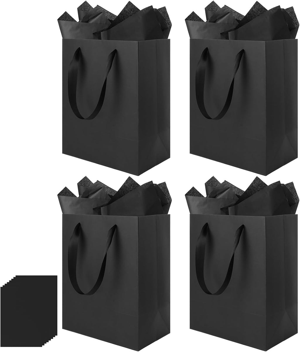 Epoesch 4 Pack Black Gift Bags with Handles and 8 Tissue Papers