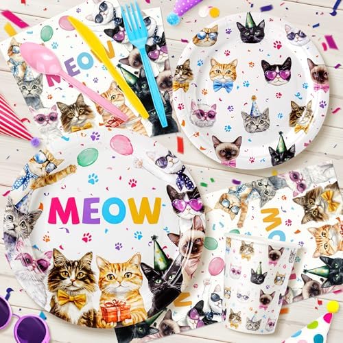 Cats Birthday Party Plates Set,168PCS Cat Birthday Tableware Party Supplies