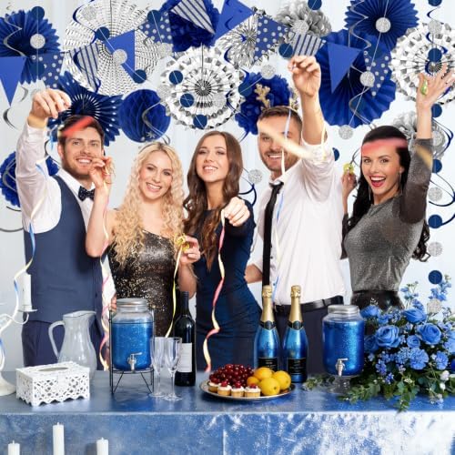 24 Pcs Blue Silver Party Decorations, Paper Fans Pom Poms Banner 8-16 in